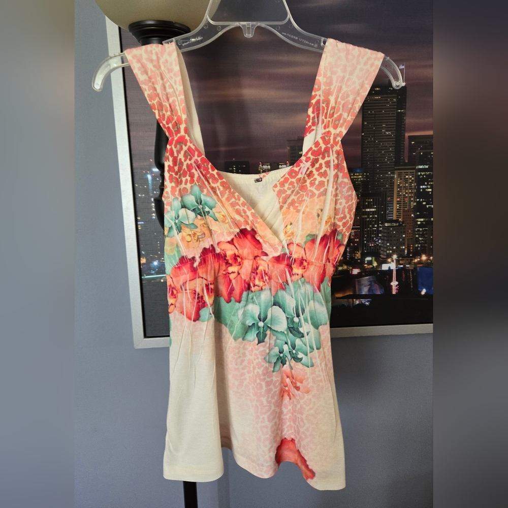 Vtg 90s Macys Bon Marche Summer Colorful Vacation Floral Blouse Womens Small